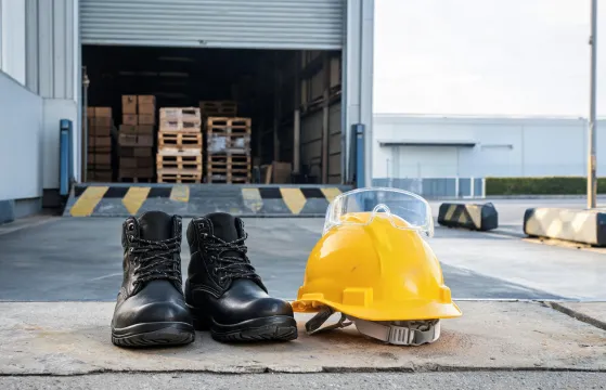 Work boots and safety glasses staging